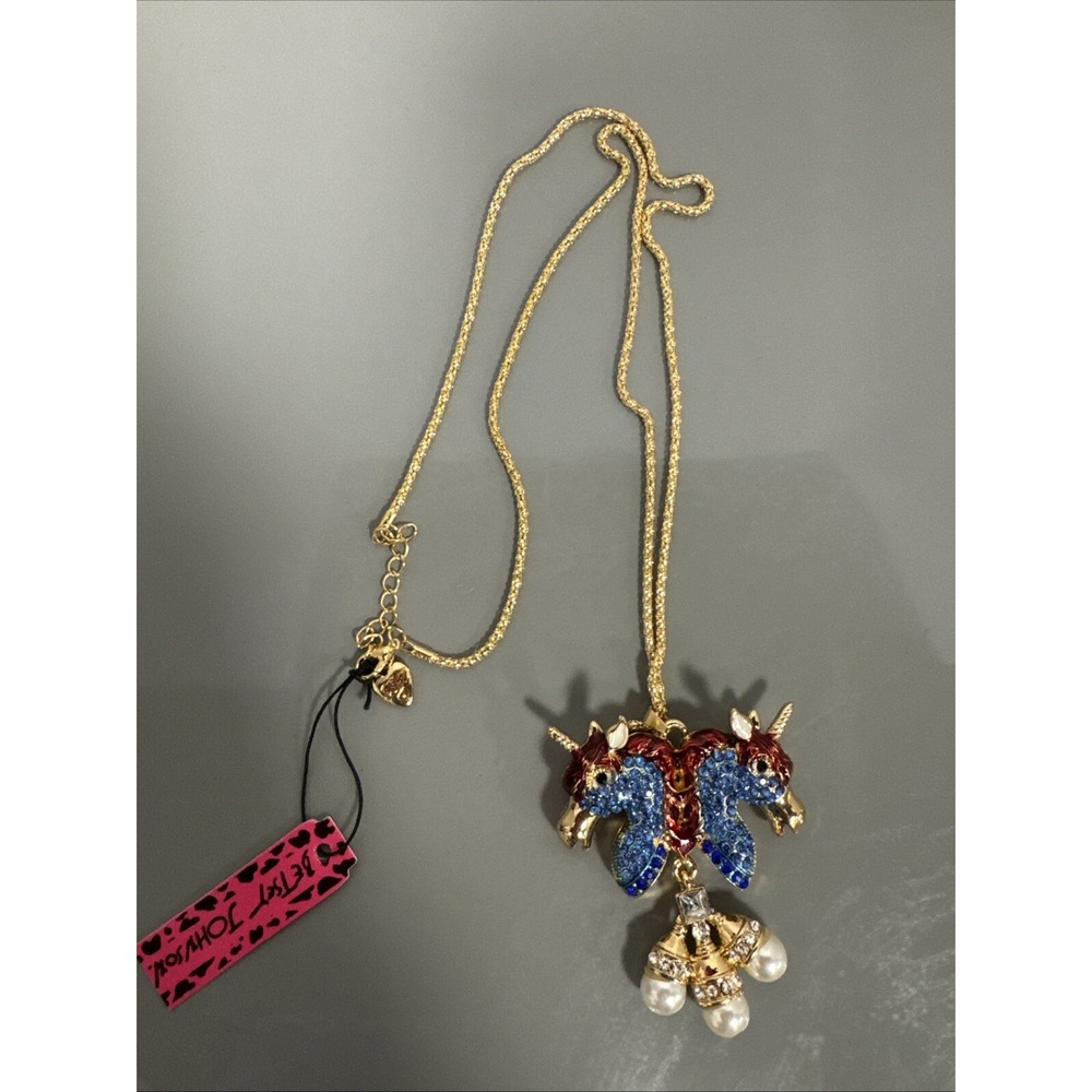 3D Two‎ Unicorn Heads Brilliant Blue Crystal Betsey Johnson  ~ Pendant Necklace